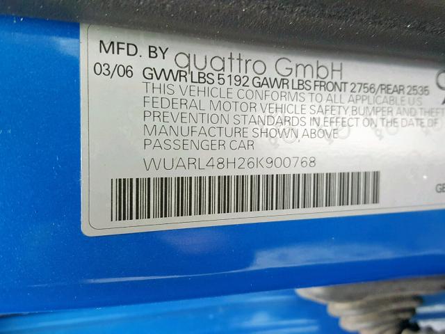 WUARL48H26K900768 - 2006 AUDI S4 QUATTRO BLUE photo 10