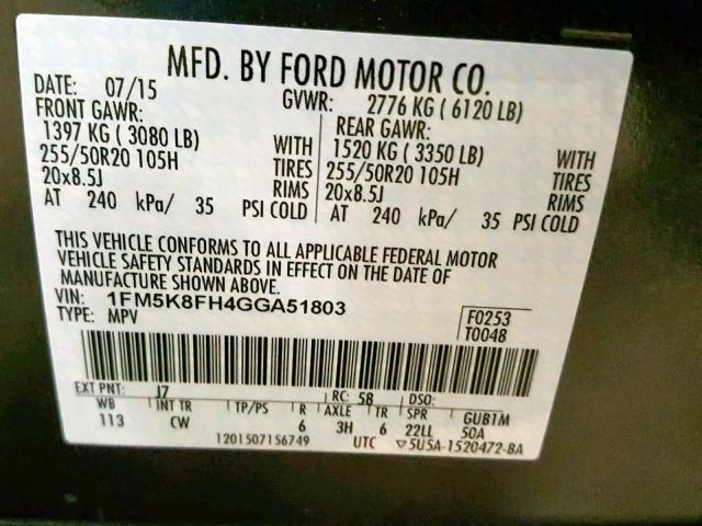 1FM5K8FH4GGA51803 - 2016 FORD EXPLORER L BLACK photo 10