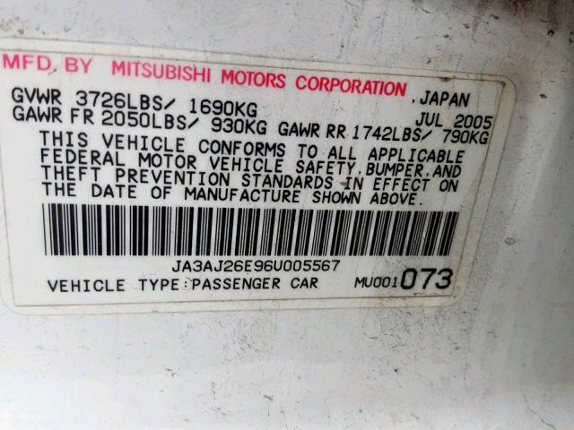 JA3AJ26E96U005567 - 2006 MITSUBISHI LANCER ES WHITE photo 10