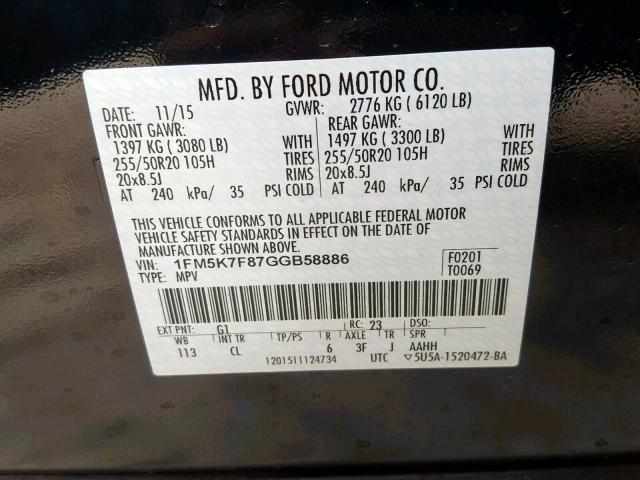 1FM5K7F87GGB58886 - 2016 FORD EXPLORER L BLACK photo 10