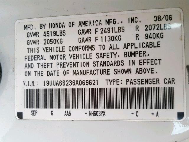 19UUA66236A069621 - 2006 ACURA 3.2TL WHITE photo 10