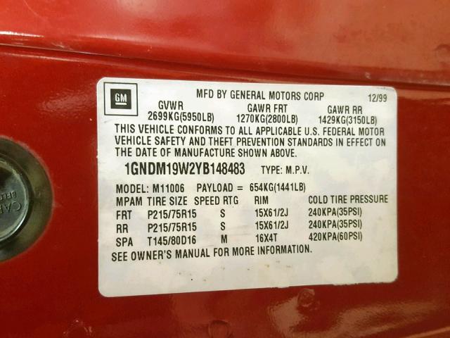 1GNDM19W2YB148483 - 2000 CHEVROLET ASTRO RED photo 10