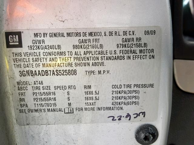 3GNBAADB7AS525808 - 2010 CHEVROLET HHR LS Plata foto 10