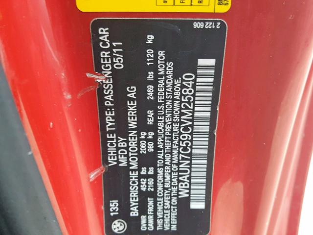 WBAUN7C59CVM25840 - 2012 BMW 135 I RED photo 10