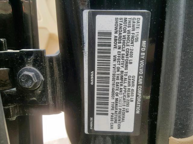 YV1TS592161440931 - 2006 VOLVO S80 2.5T BLACK photo 10