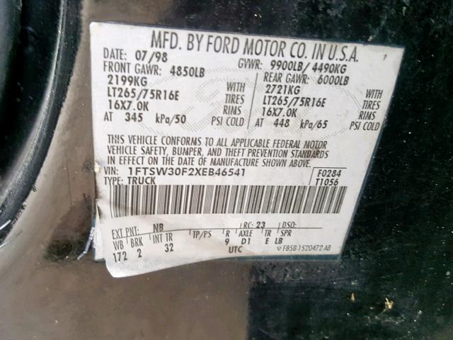 1FTSW30F2XEB46541 - 1999 FORD F350 SRW S BLACK photo 10