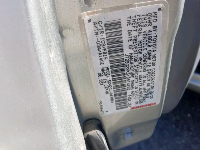 JT2BG22K5Y0513182 - 2000 TOYOTA CAMRY CE 银色 照片 10