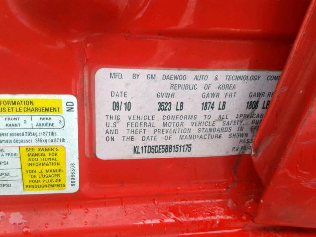 KL1TD5DE5BB151175 - 2011 CHEVROLET AVEO LS RED photo 10