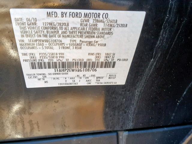 1FAHP2EW9BG108706 - 2011 FORD TAURUS SEL BLACK photo 10