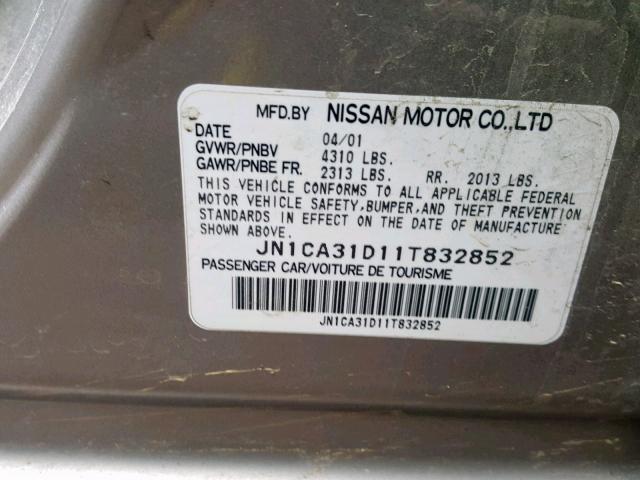 JN1CA31D11T832852 - 2001 NISSAN MAXIMA GXE GRAY photo 10