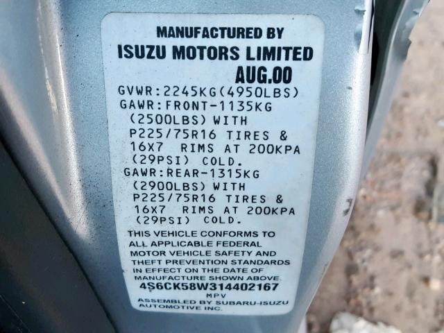 4S6CK58W314402167 - 2001 HONDA PASSPORT E SILVER photo 10