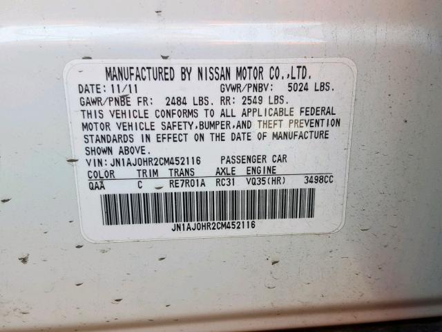 JN1AJ0HR2CM452116 - 2012 INFINITI EX35 BASE WHITE photo 10