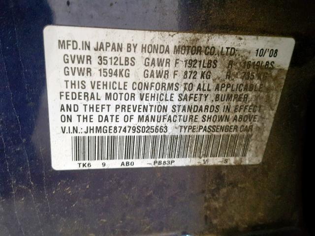 JHMGE87479S025663 - 2009 HONDA FIT SPORT BLUE photo 10