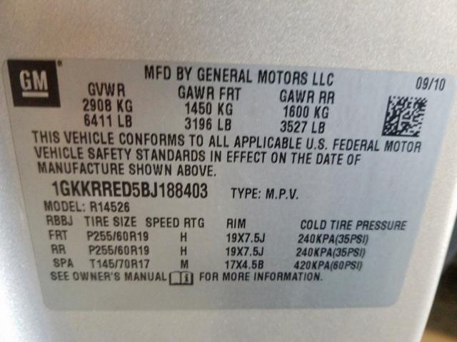 1GKKRRED5BJ188403 - 2011 GMC ACADIA SLT-1  photo 10