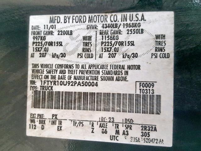 1FTYR10U92PA50004 - 2002 FORD RANGER GREEN photo 10