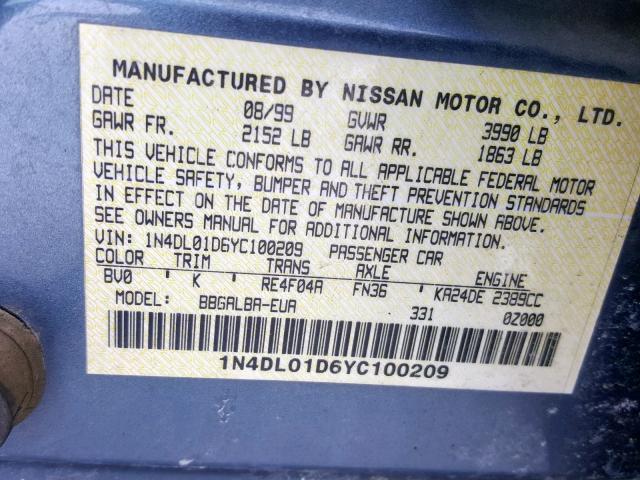 1N4DL01D6YC100209 - 2000 NISSAN ALTIMA XE BLUE photo 10