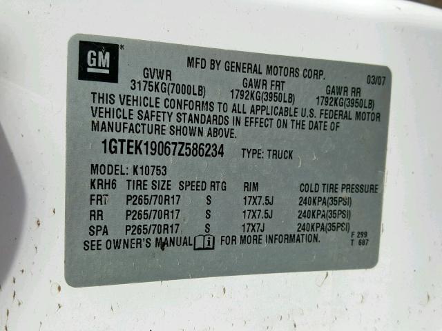 1GTEK19067Z586234 - 2007 GMC NEW SIERRA WHITE photo 10