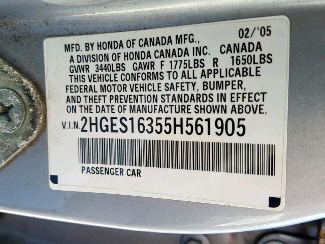 2HGES16355H561905 - 2005 HONDA CIVIC DX V SILVER photo 10