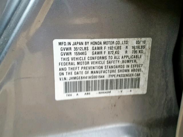 JHMGE8H41AS001944 - 2010 HONDA FIT SPORT GRAY photo 10