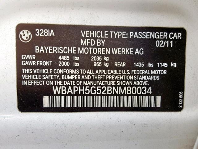 WBAPH5G52BNM80034 - 2011 BMW 328 I SULE WHITE photo 10