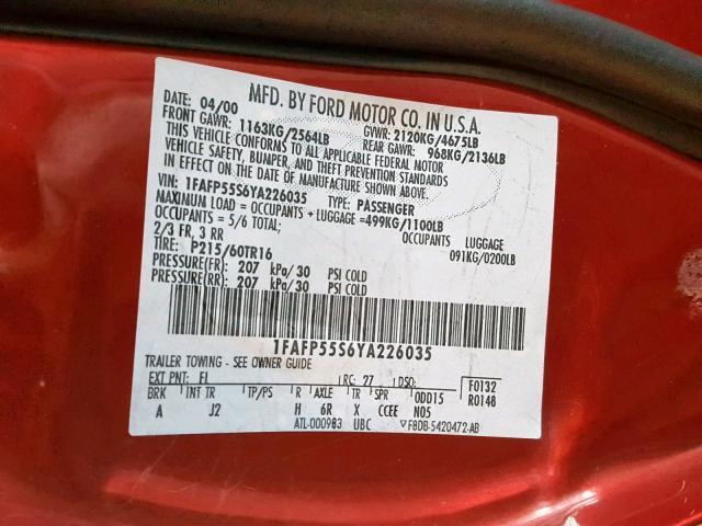 1FAFP55S6YA226035 - 2000 FORD TAURUS SES RED photo 10