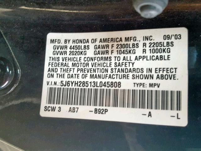 5J6YH28513L045808 - 2003 HONDA ELEMENT EX BLACK photo 10