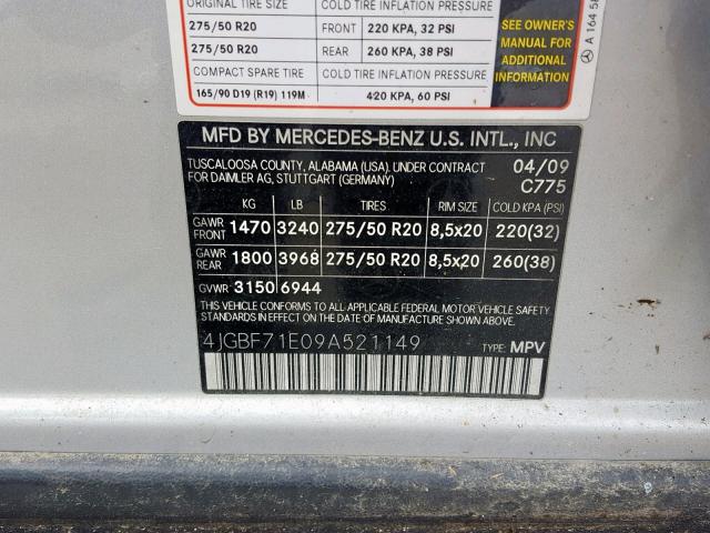 4JGBF71E09A521149 - 2009 MERCEDES-BENZ GL 450 4MA GRAY photo 10