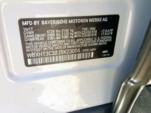 WBXHT3C32J5K23004 - 2018 BMW X1 XDRIVE2 WHITE photo 10