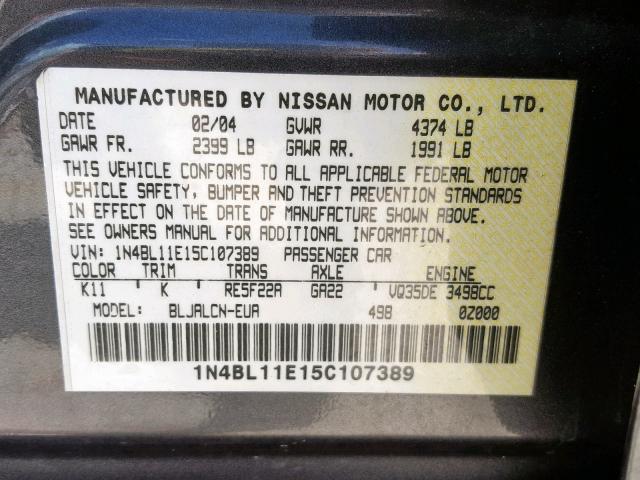 1N4BL11E15C107389 - 2005 NISSAN ALTIMA SE GRAY photo 10