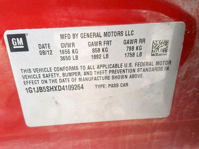 1G1JB5SHXD4109264 - 2013 CHEVROLET SONIC LS RED photo 10