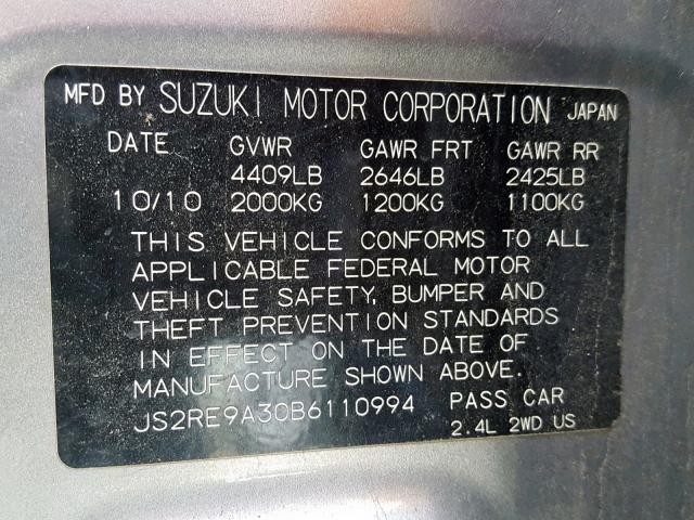 JS2RE9A30B6110994 - 2011 SUZUKI KIZASHI SE GRAY photo 10