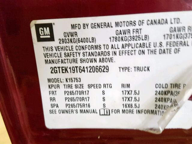 2GTEK19T641206629 - 2004 GMC NEW SIERRA MAROON photo 10