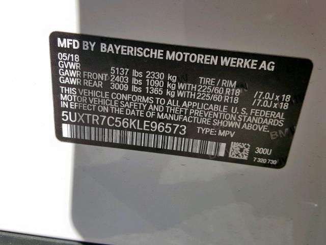 5UXTR7C56KLE96573 - 2019 BMW X3 SDRIVE3 WHITE photo 10