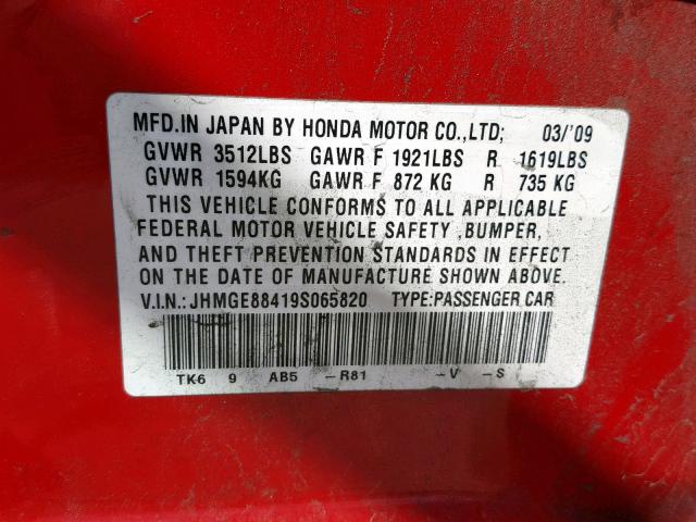 JHMGE88419S065820 - 2009 HONDA FIT SPORT RED photo 10