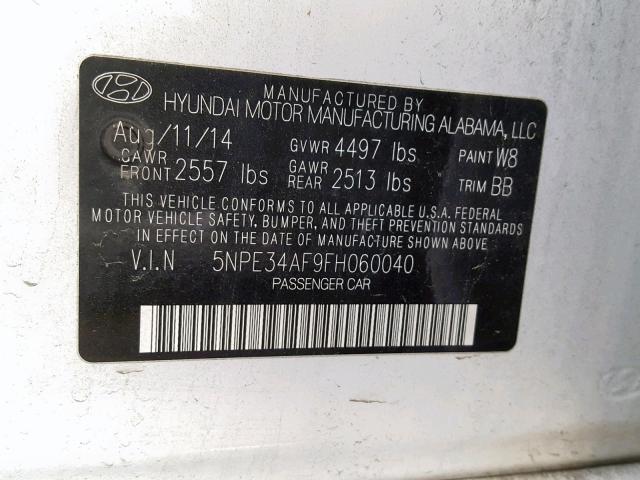 5NPE34AF9FH060040 - 2015 HYUNDAI SONATA SPO WHITE photo 10