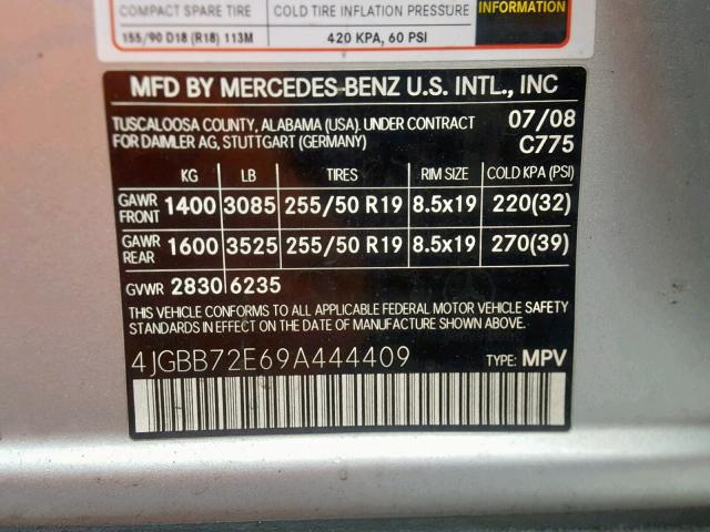 4JGBB72E69A444409 - 2009 MERCEDES-BENZ ML 550 SILVER photo 10