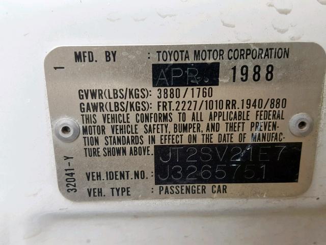 JT2SV21E7J3265751 - 1988 TOYOTA CAMRY DLX 白色 照片 10