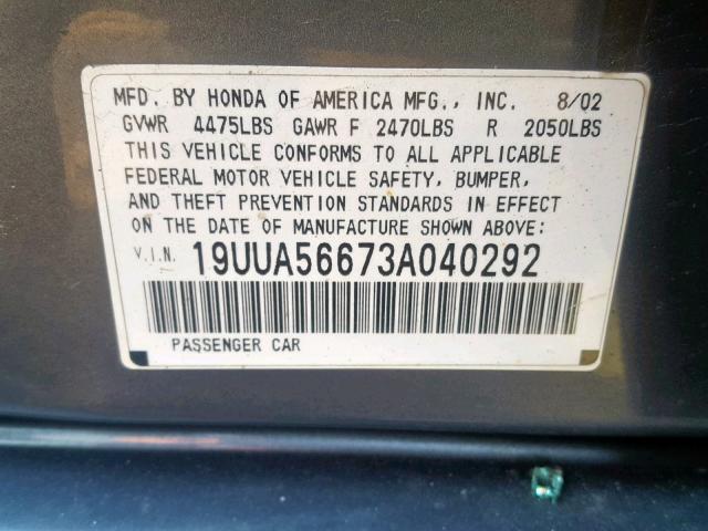 19UUA56673A040292 - 2003 ACURA 3.2TL GRAY photo 10