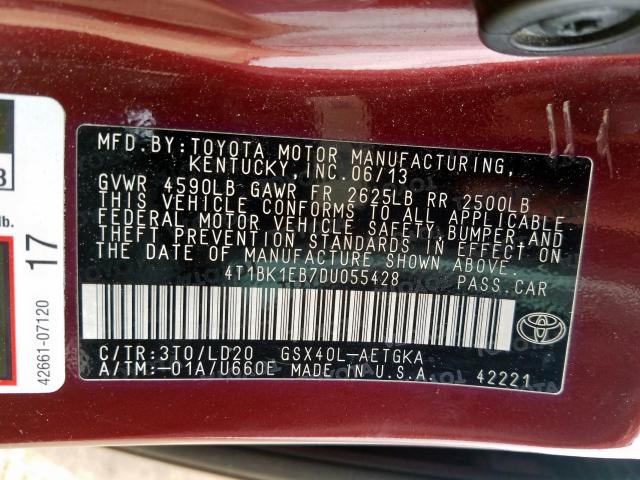 4T1BK1EB7DU055428 - 2013 TOYOTA AVALON BASE  photo 10