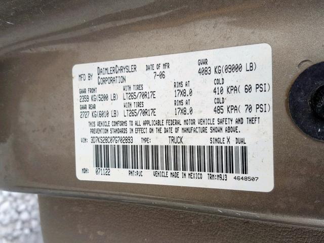 3D7KS28C07G702893 - 2007 DODGE RAM 2500 S თაფლისფერი ფოტო 10