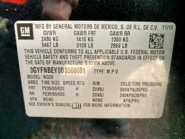 3GYFNBEY0BS568681 - 2011 CADILLAC SRX PERFOR 黑色 照片 10