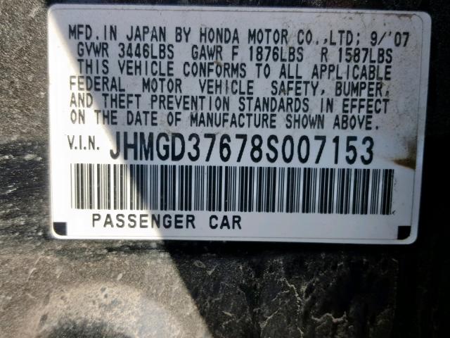 JHMGD37678S007153 - 2008 HONDA FIT SPORT BLACK photo 10