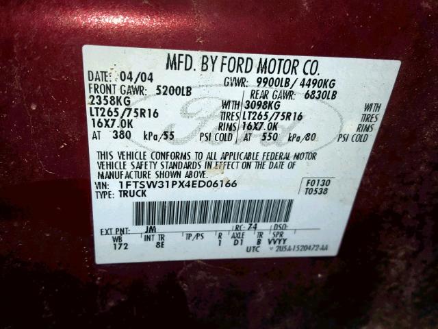 1FTSW31PX4ED06166 - 2004 FORD F350 SRW S MAROON photo 10