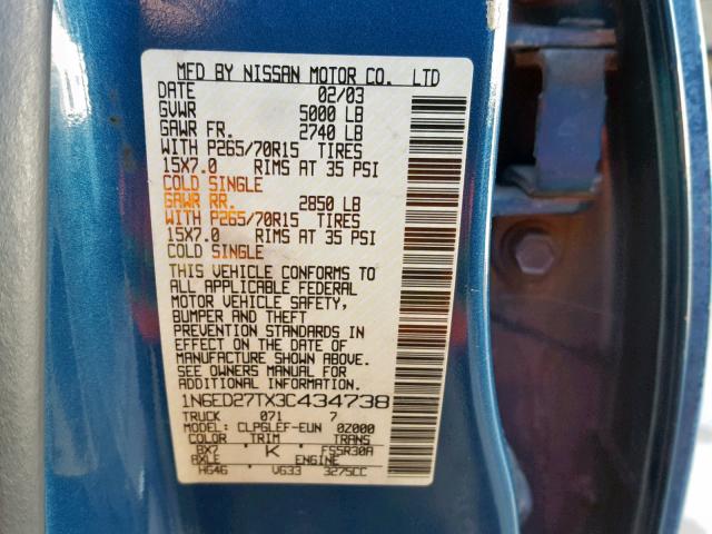 1N6ED27TX3C434738 - 2003 NISSAN FRONTIER C BLUE photo 10