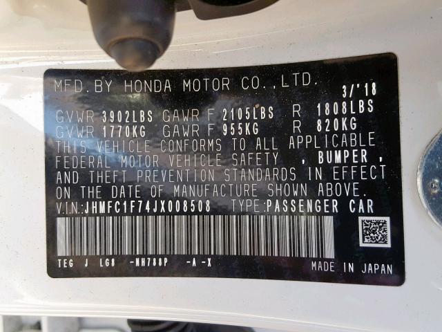 JHMFC1F74JX008508 - 2018 HONDA CIVIC EXL WHITE photo 10