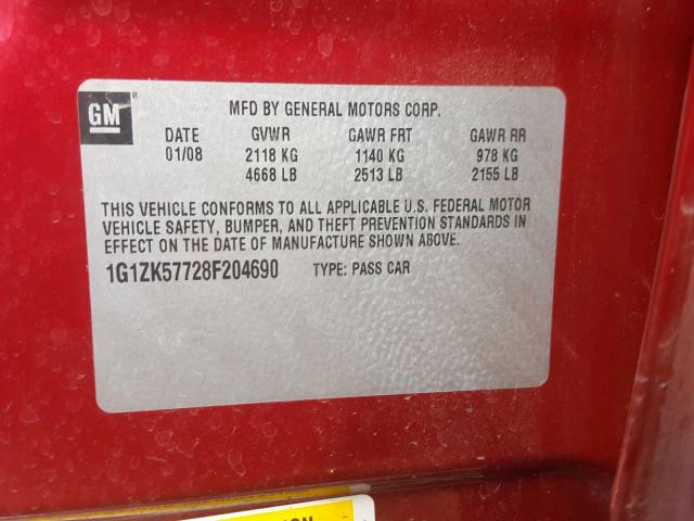 1G1ZK57728F204690 - 2008 CHEVROLET MALIBU LTZ 勃艮第红 照片 10