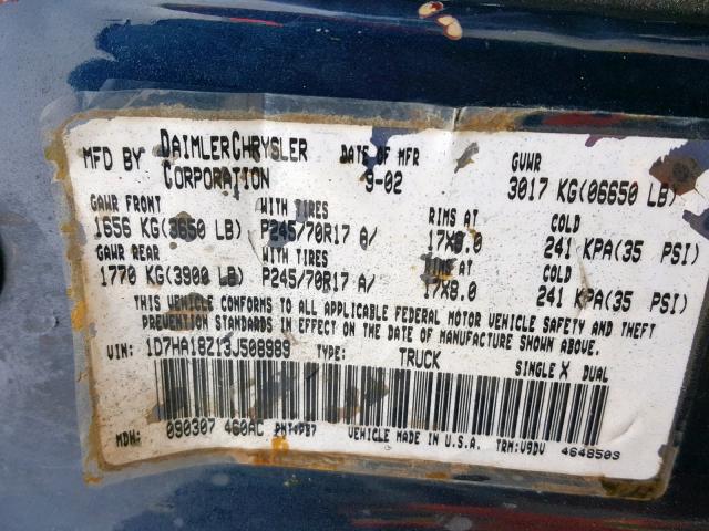 1D7HA18Z13J508989 - 2003 DODGE RAM 1500 S BLUE photo 10