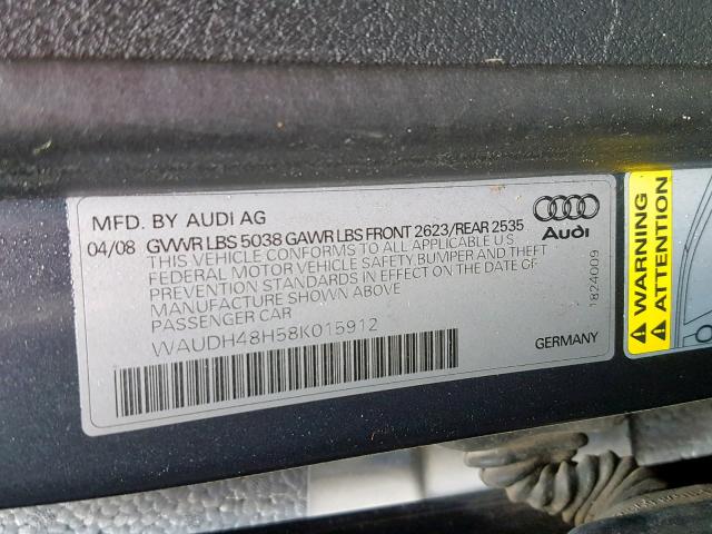 WAUDH48H58K015912 - 2008 AUDI A4 3.2 CAB GRAY photo 10