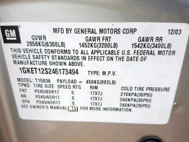 1GKET12S246173494 - 2004 GMC ENVOY XUV GRAY photo 10