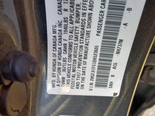 2HGFA1F65BH523605 - 2011 HONDA CIVIC LX-S رمادي صورة 10